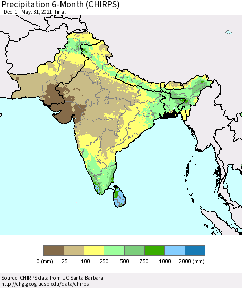 Southern Asia Precipitation 6-Month (CHIRPS) Thematic Map For 12/1/2020 - 5/31/2021