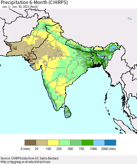 Southern Asia Precipitation 6-Month (CHIRPS) Thematic Map For 1/1/2021 - 6/30/2021