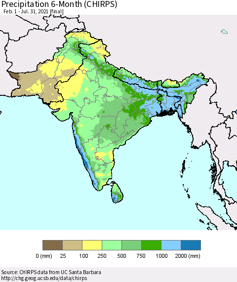 Southern Asia Precipitation 6-Month (CHIRPS) Thematic Map For 2/1/2021 - 7/31/2021