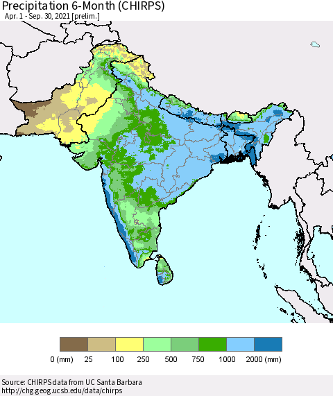 Southern Asia Precipitation 6-Month (CHIRPS) Thematic Map For 4/1/2021 - 9/30/2021
