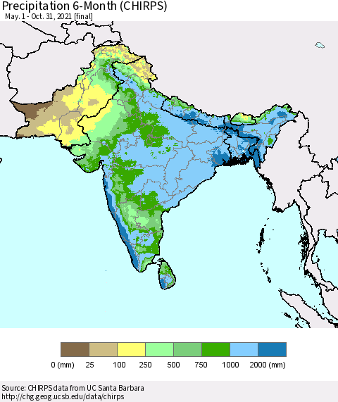 Southern Asia Precipitation 6-Month (CHIRPS) Thematic Map For 5/1/2021 - 10/31/2021