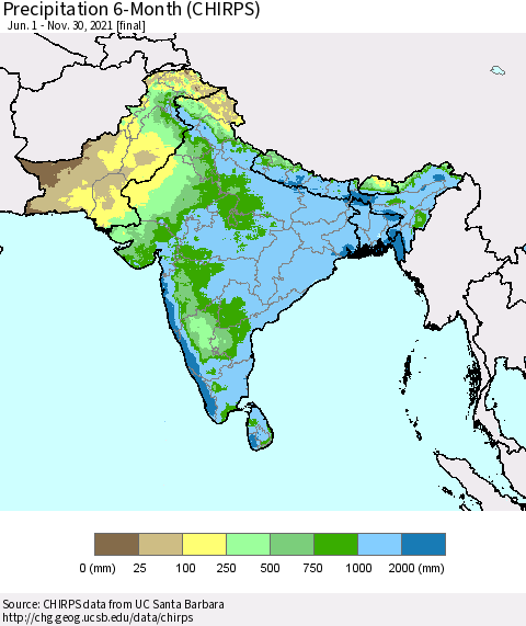 Southern Asia Precipitation 6-Month (CHIRPS) Thematic Map For 6/1/2021 - 11/30/2021