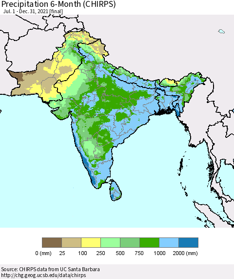 Southern Asia Precipitation 6-Month (CHIRPS) Thematic Map For 7/1/2021 - 12/31/2021