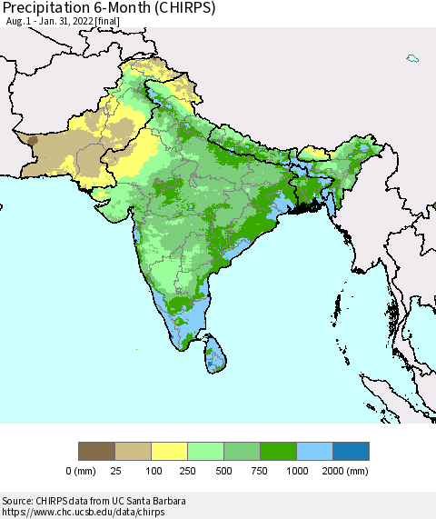 Southern Asia Precipitation 6-Month (CHIRPS) Thematic Map For 8/1/2021 - 1/31/2022