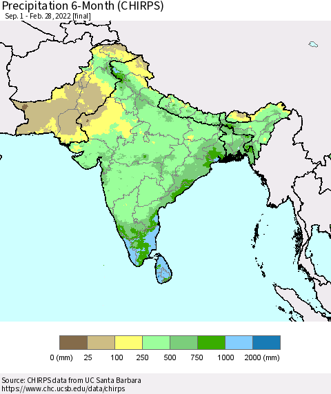 Southern Asia Precipitation 6-Month (CHIRPS) Thematic Map For 9/1/2021 - 2/28/2022