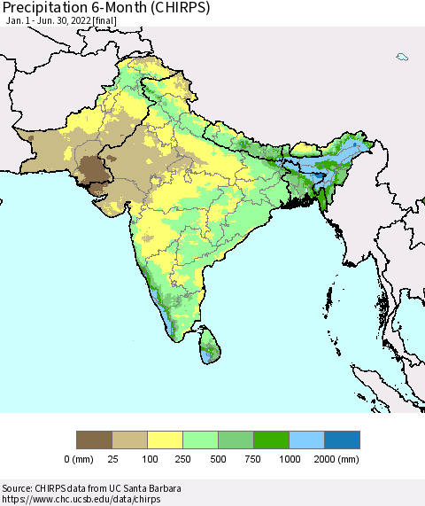 Southern Asia Precipitation 6-Month (CHIRPS) Thematic Map For 1/1/2022 - 6/30/2022