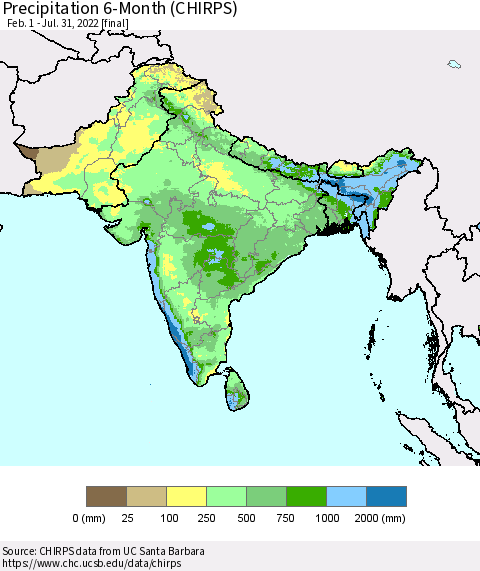 Southern Asia Precipitation 6-Month (CHIRPS) Thematic Map For 2/1/2022 - 7/31/2022
