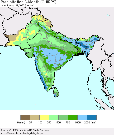 Southern Asia Precipitation 6-Month (CHIRPS) Thematic Map For 3/1/2022 - 8/31/2022