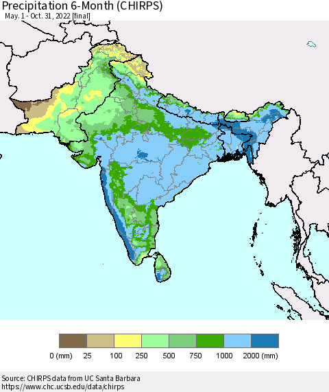 Southern Asia Precipitation 6-Month (CHIRPS) Thematic Map For 5/1/2022 - 10/31/2022