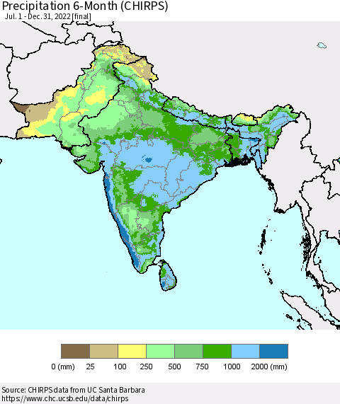 Southern Asia Precipitation 6-Month (CHIRPS) Thematic Map For 7/1/2022 - 12/31/2022