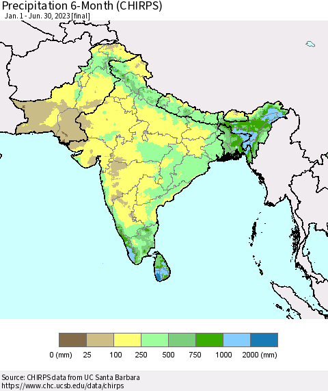 Southern Asia Precipitation 6-Month (CHIRPS) Thematic Map For 1/1/2023 - 6/30/2023