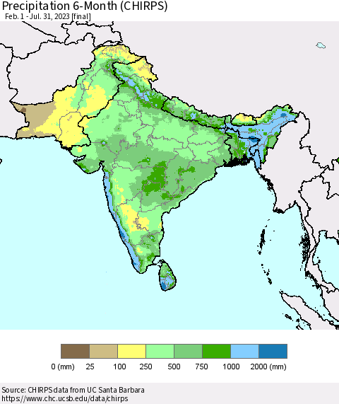 Southern Asia Precipitation 6-Month (CHIRPS) Thematic Map For 2/1/2023 - 7/31/2023