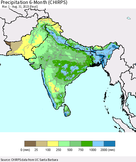 Southern Asia Precipitation 6-Month (CHIRPS) Thematic Map For 3/1/2023 - 8/31/2023