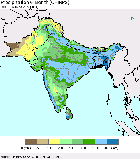 Southern Asia Precipitation 6-Month (CHIRPS) Thematic Map For 4/1/2023 - 9/30/2023