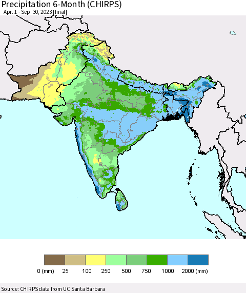 Southern Asia Precipitation 6-Month (CHIRPS) Thematic Map For 4/1/2023 - 9/30/2023