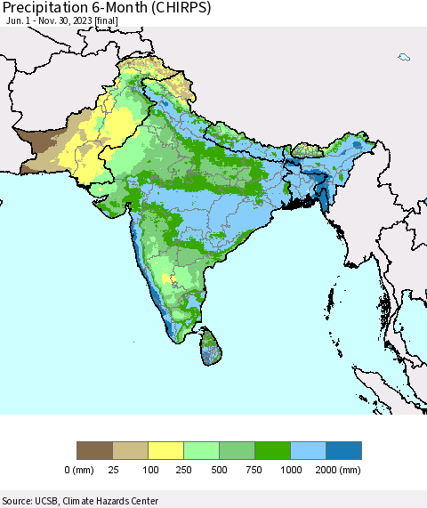 Southern Asia Precipitation 6-Month (CHIRPS) Thematic Map For 6/1/2023 - 11/30/2023