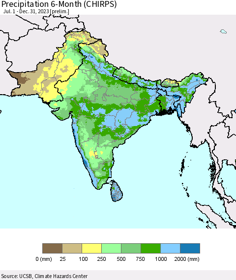 Southern Asia Precipitation 6-Month (CHIRPS) Thematic Map For 7/1/2023 - 12/31/2023