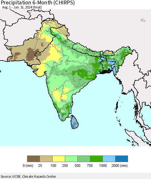 Southern Asia Precipitation 6-Month (CHIRPS) Thematic Map For 8/1/2023 - 1/31/2024