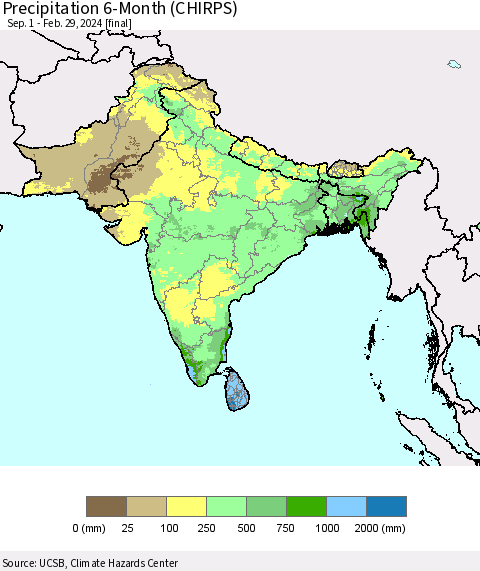 Southern Asia Precipitation 6-Month (CHIRPS) Thematic Map For 9/1/2023 - 2/29/2024