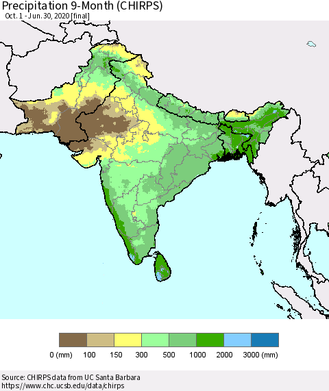 Southern Asia Precipitation 9-Month (CHIRPS) Thematic Map For 10/1/2019 - 6/30/2020
