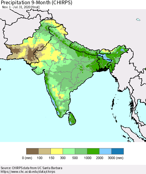 Southern Asia Precipitation 9-Month (CHIRPS) Thematic Map For 11/1/2019 - 7/31/2020