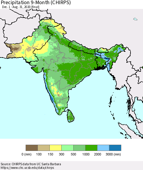 Southern Asia Precipitation 9-Month (CHIRPS) Thematic Map For 12/1/2019 - 8/31/2020