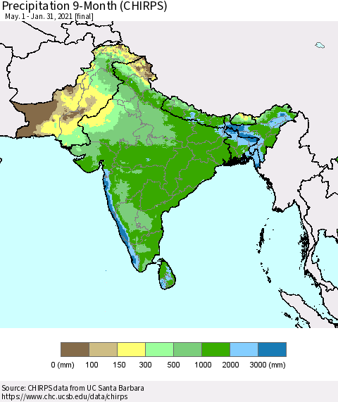 Southern Asia Precipitation 9-Month (CHIRPS) Thematic Map For 5/1/2020 - 1/31/2021