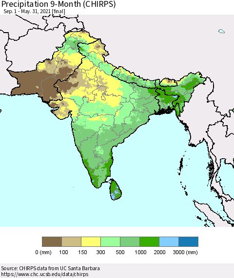 Southern Asia Precipitation 9-Month (CHIRPS) Thematic Map For 9/1/2020 - 5/31/2021