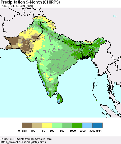 Southern Asia Precipitation 9-Month (CHIRPS) Thematic Map For 11/1/2020 - 7/31/2021