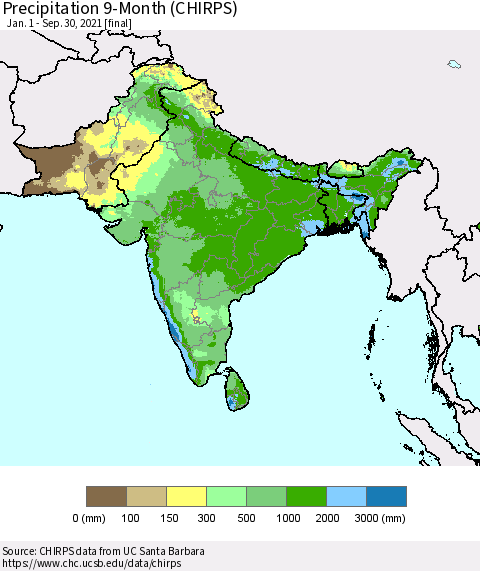 Southern Asia Precipitation 9-Month (CHIRPS) Thematic Map For 1/1/2021 - 9/30/2021