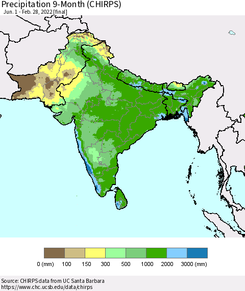 Southern Asia Precipitation 9-Month (CHIRPS) Thematic Map For 6/1/2021 - 2/28/2022