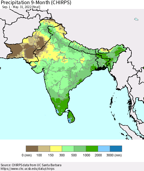 Southern Asia Precipitation 9-Month (CHIRPS) Thematic Map For 9/1/2021 - 5/31/2022