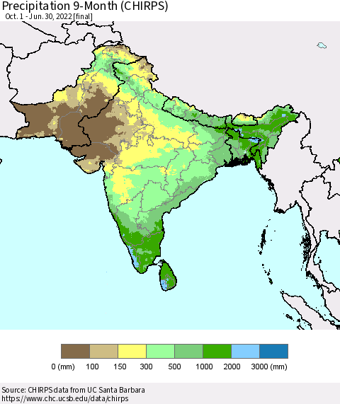 Southern Asia Precipitation 9-Month (CHIRPS) Thematic Map For 10/1/2021 - 6/30/2022