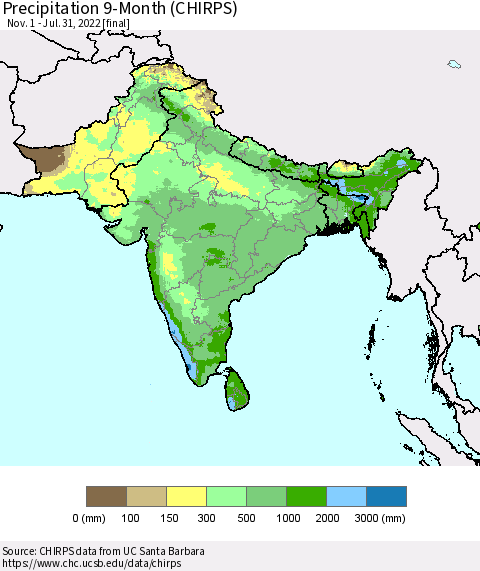Southern Asia Precipitation 9-Month (CHIRPS) Thematic Map For 11/1/2021 - 7/31/2022