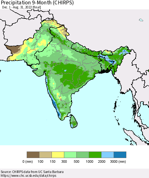 Southern Asia Precipitation 9-Month (CHIRPS) Thematic Map For 12/1/2021 - 8/31/2022