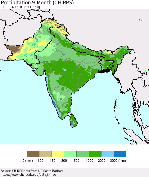 Southern Asia Precipitation 9-Month (CHIRPS) Thematic Map For 7/1/2022 - 3/31/2023