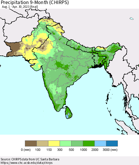 Southern Asia Precipitation 9-Month (CHIRPS) Thematic Map For 8/1/2022 - 4/30/2023