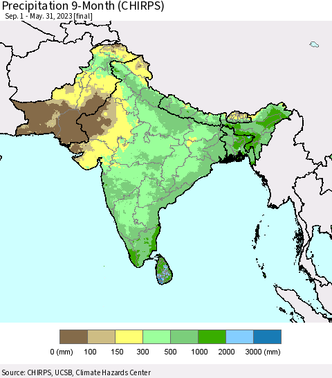 Southern Asia Precipitation 9-Month (CHIRPS) Thematic Map For 9/1/2022 - 5/31/2023