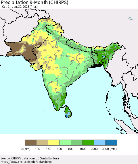 Southern Asia Precipitation 9-Month (CHIRPS) Thematic Map For 10/1/2022 - 6/30/2023