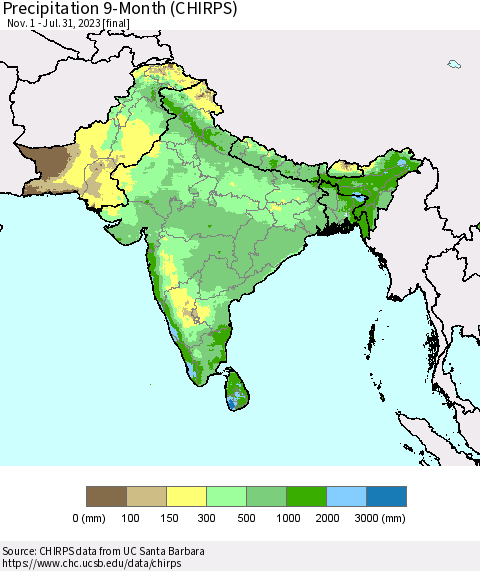 Southern Asia Precipitation 9-Month (CHIRPS) Thematic Map For 11/1/2022 - 7/31/2023