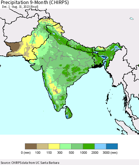 Southern Asia Precipitation 9-Month (CHIRPS) Thematic Map For 12/1/2022 - 8/31/2023