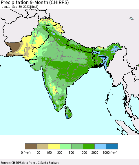 Southern Asia Precipitation 9-Month (CHIRPS) Thematic Map For 1/1/2023 - 9/30/2023