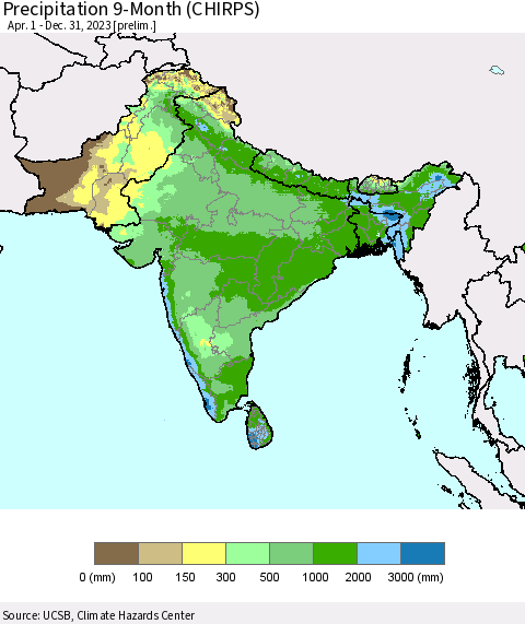 Southern Asia Precipitation 9-Month (CHIRPS) Thematic Map For 4/1/2023 - 12/31/2023