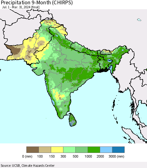 Southern Asia Precipitation 9-Month (CHIRPS) Thematic Map For 7/1/2023 - 3/31/2024