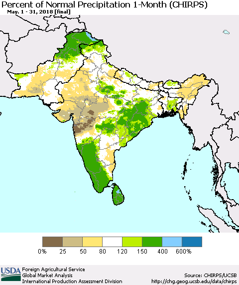 Southern Asia Percent of Normal Precipitation 1-Month (CHIRPS) Thematic Map For 5/1/2018 - 5/31/2018
