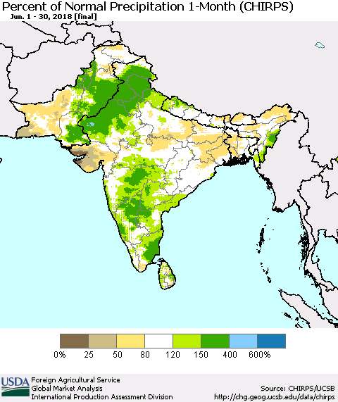Southern Asia Percent of Normal Precipitation 1-Month (CHIRPS) Thematic Map For 6/1/2018 - 6/30/2018