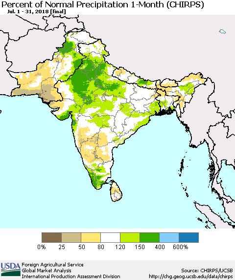 Southern Asia Percent of Normal Precipitation 1-Month (CHIRPS) Thematic Map For 7/1/2018 - 7/31/2018