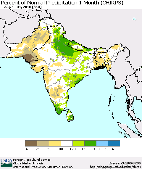 Southern Asia Percent of Normal Precipitation 1-Month (CHIRPS) Thematic Map For 8/1/2018 - 8/31/2018