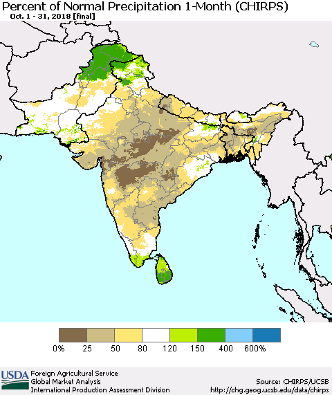 Southern Asia Percent of Normal Precipitation 1-Month (CHIRPS) Thematic Map For 10/1/2018 - 10/31/2018