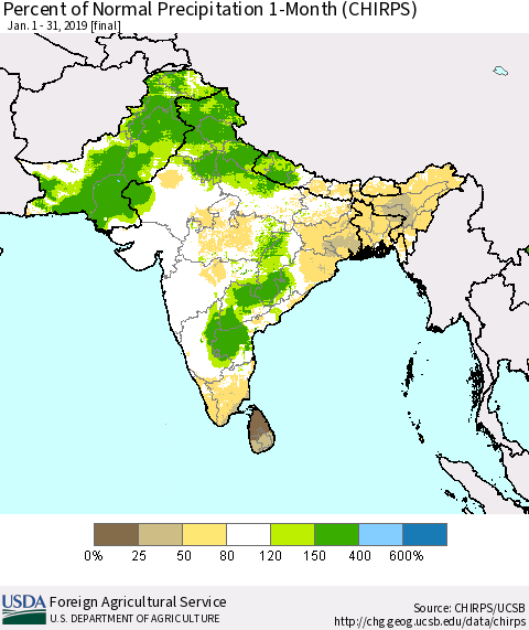 Southern Asia Percent of Normal Precipitation 1-Month (CHIRPS) Thematic Map For 1/1/2019 - 1/31/2019